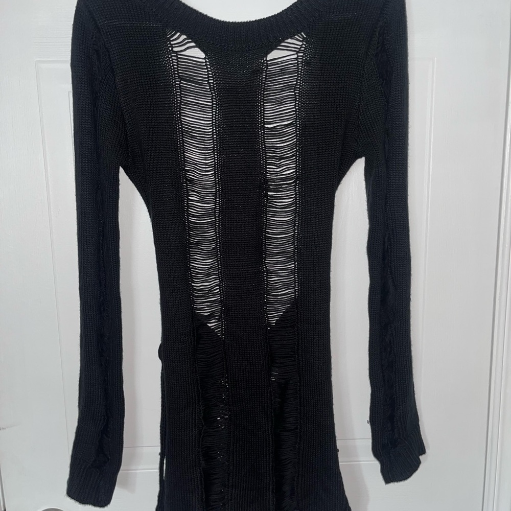Black Distressed Knit Sweater Dress